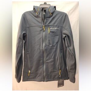 Eddie Bauer Jacket Mens Lg Gray Yellow Textured Fleece Stormrepel Thermal Hooded